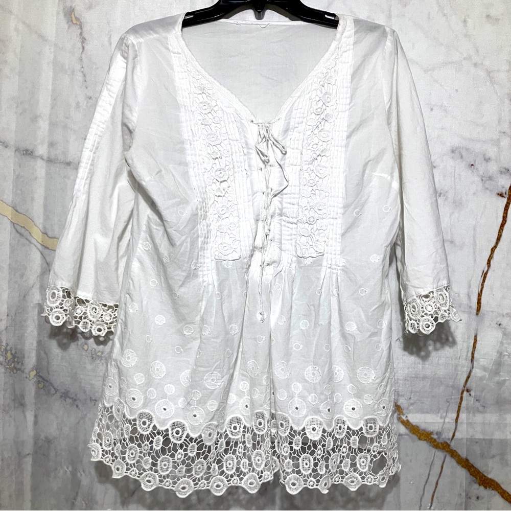 White Lace Embroidered Boho 3/4 Sleeves Top size M - Picture 1 of 5